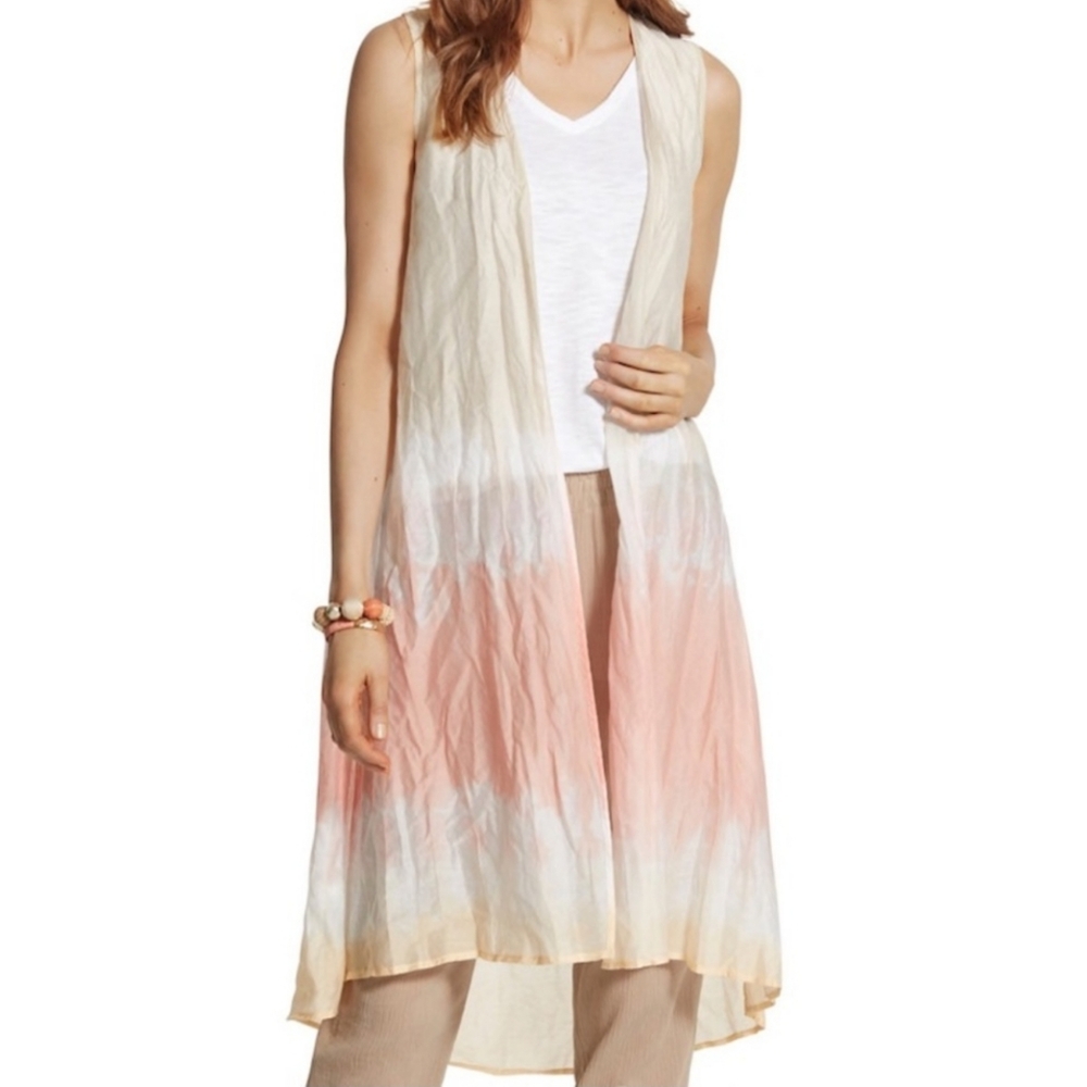 Chico’s Long Line Dramatic Tie Dye Vest Sz 1 US 8 Medium Crinkle Open Front Boho